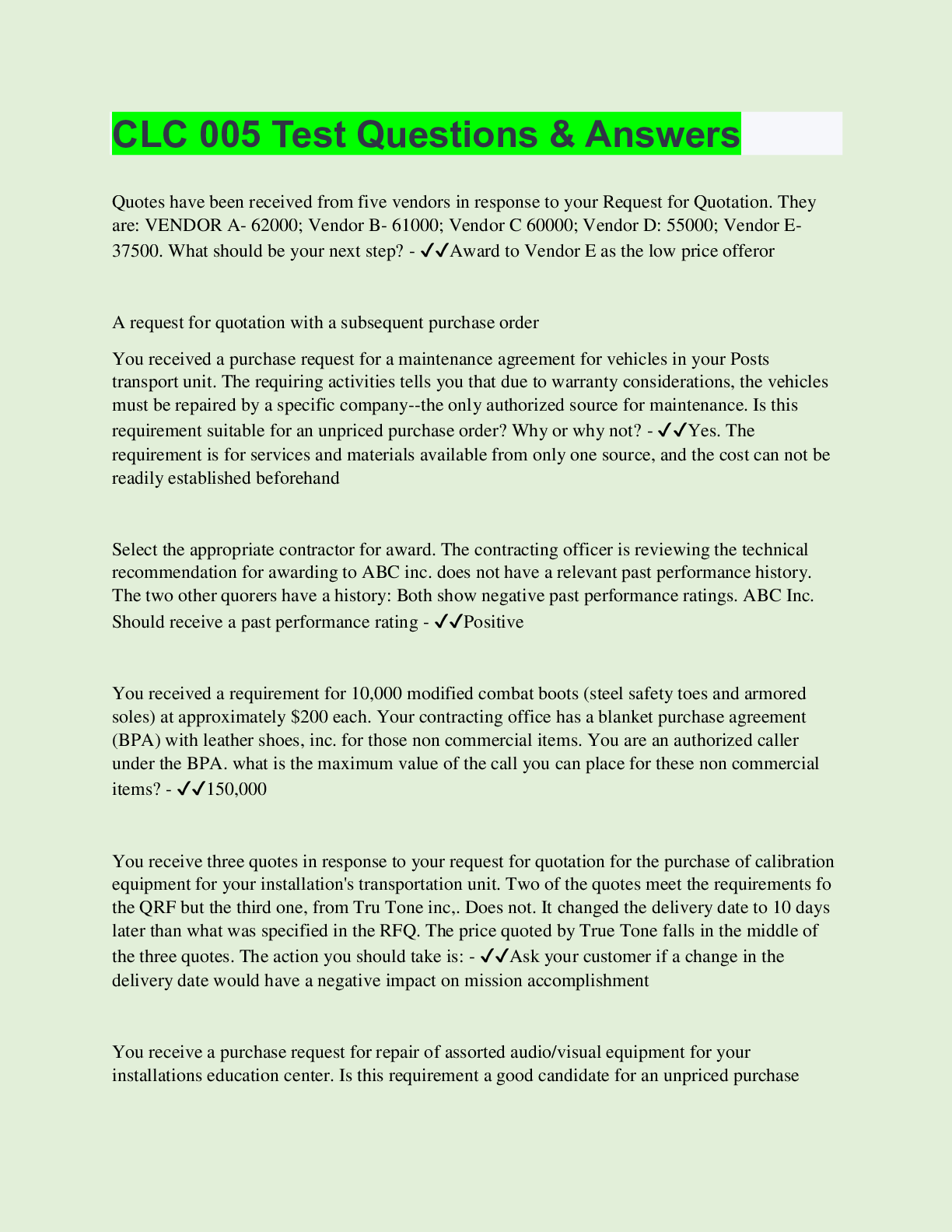 Preview of CLC 005 Test Questions & Answers | with 100% Correct Answers | Updated & Verified